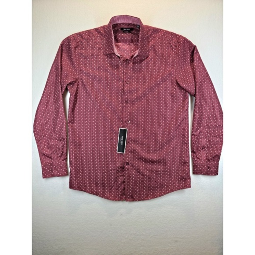 NWT‎ Nine West Men's Slim Fit Dress Shirt Burgundy Floral Micro Print 16-16.5 34